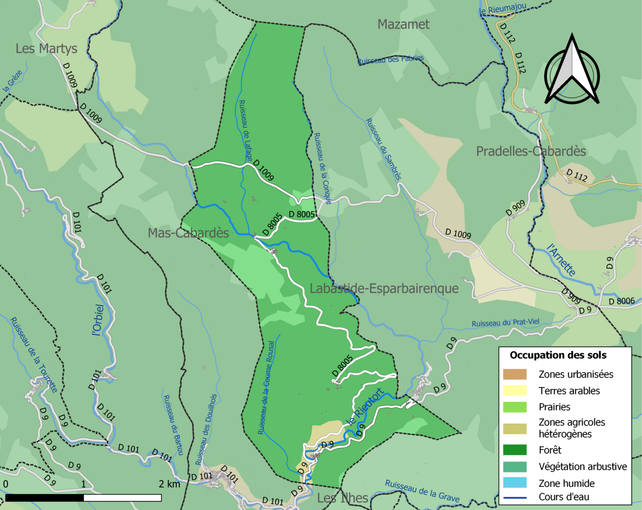 Carte des infrastructures et de l'occupation des sols de la commune en 2018 (CLC).